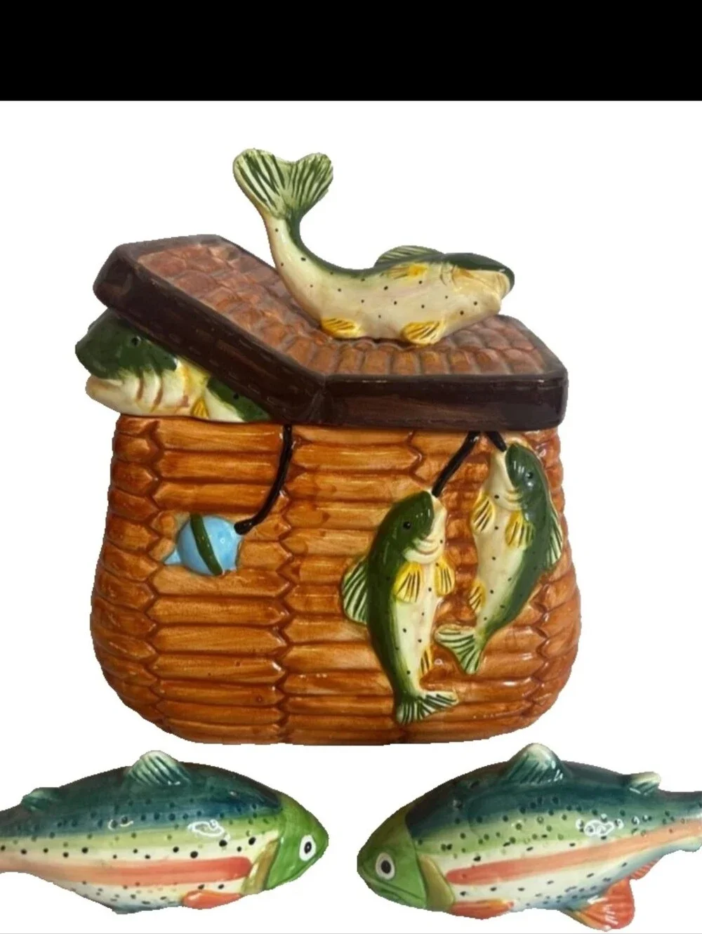 Vintage Mercuries Ceramic Fishing Creel Cookie Jar Salt Pepper Shakers Set Bass